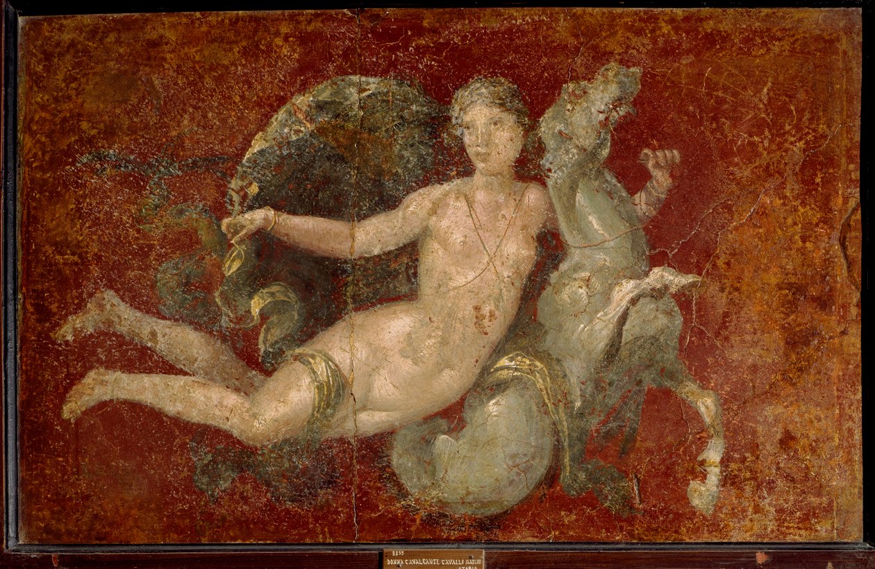 Romeinse kunst: een vrouw rijdend op een zeepaard. Fresco uit Stabia. door Roman Roman