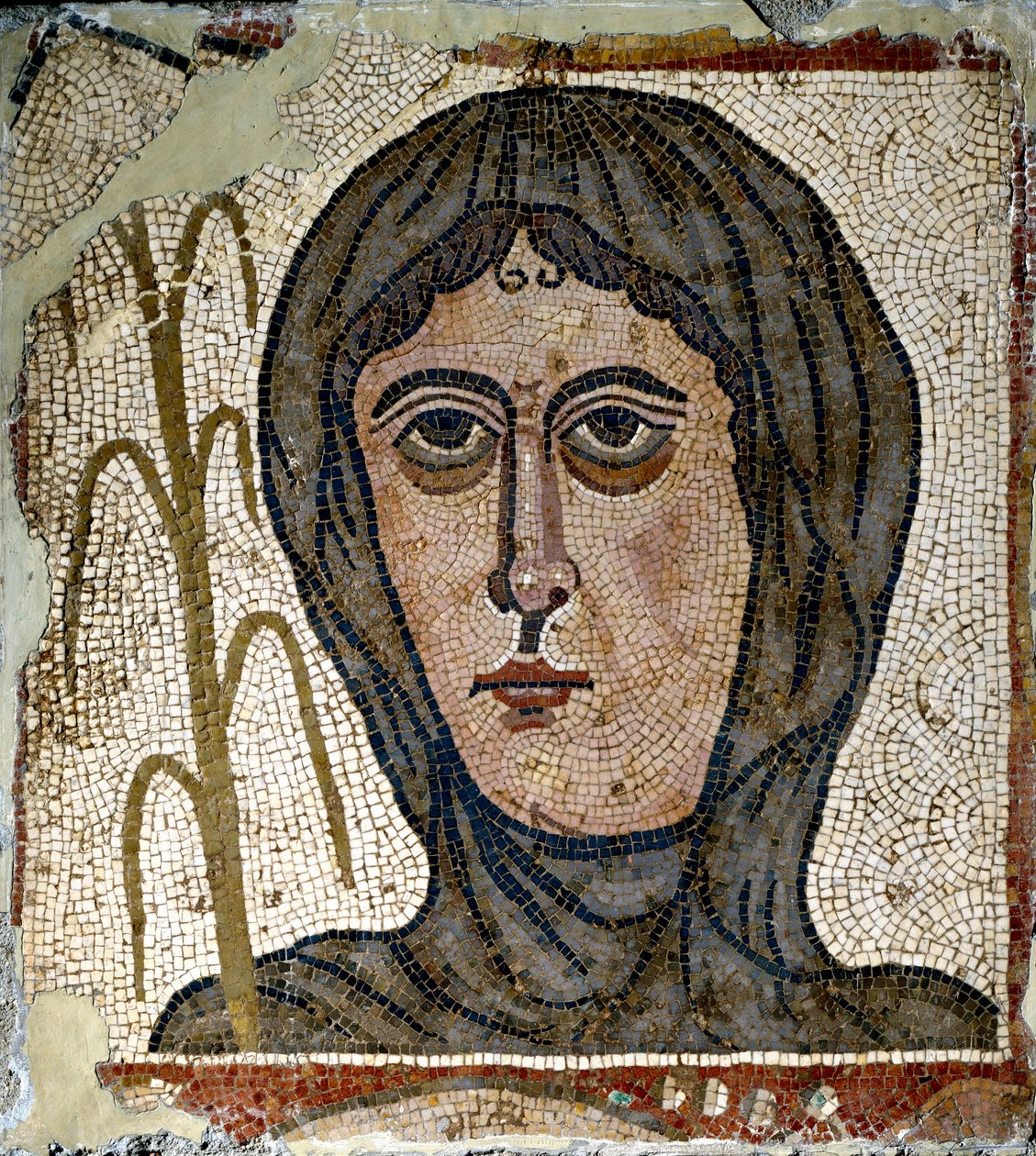 Romeinse kunst: allegorie van de winter als een vrouw met een sluier. Mozaïek uit de 5e eeuw. Uit Quintana del Marco (Leon) Spanje Madrid, Nationaal Archeologisch Museum door Roman Roman