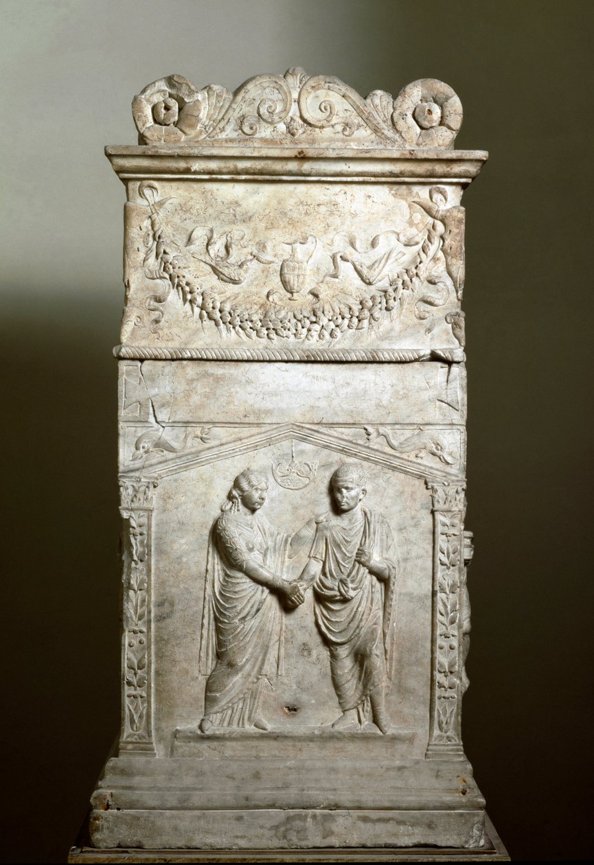 Romeinse kunst: grafaltaar dat de scène van een huwelijk decoreert (Junctio dextrarum) door Roman Roman