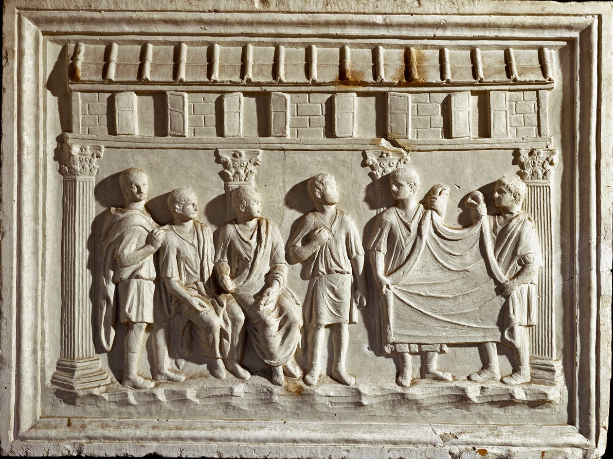 Romeinse kunst: laag reliëf gietvorm die een stof en wandtapijten voorstelt. Van een origineel uit de 2e eeuw n.Chr. Rome, Museo della Civilta Romana door Roman Roman