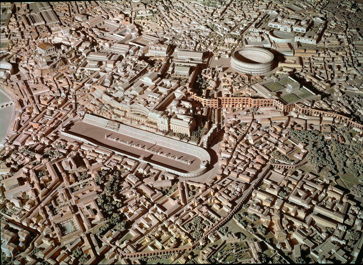 Romeinse kunst: model dat de stad Rome onder de oudheid afbeeldt. In het midden het Circus Maximus of Grote Circus gereserveerd voor wagenrennen. Rome, Museo della Civilta romana - Romeinse kunst. Circus Maximus en Etruskische muren. Detail van het reconst door Roman Roman