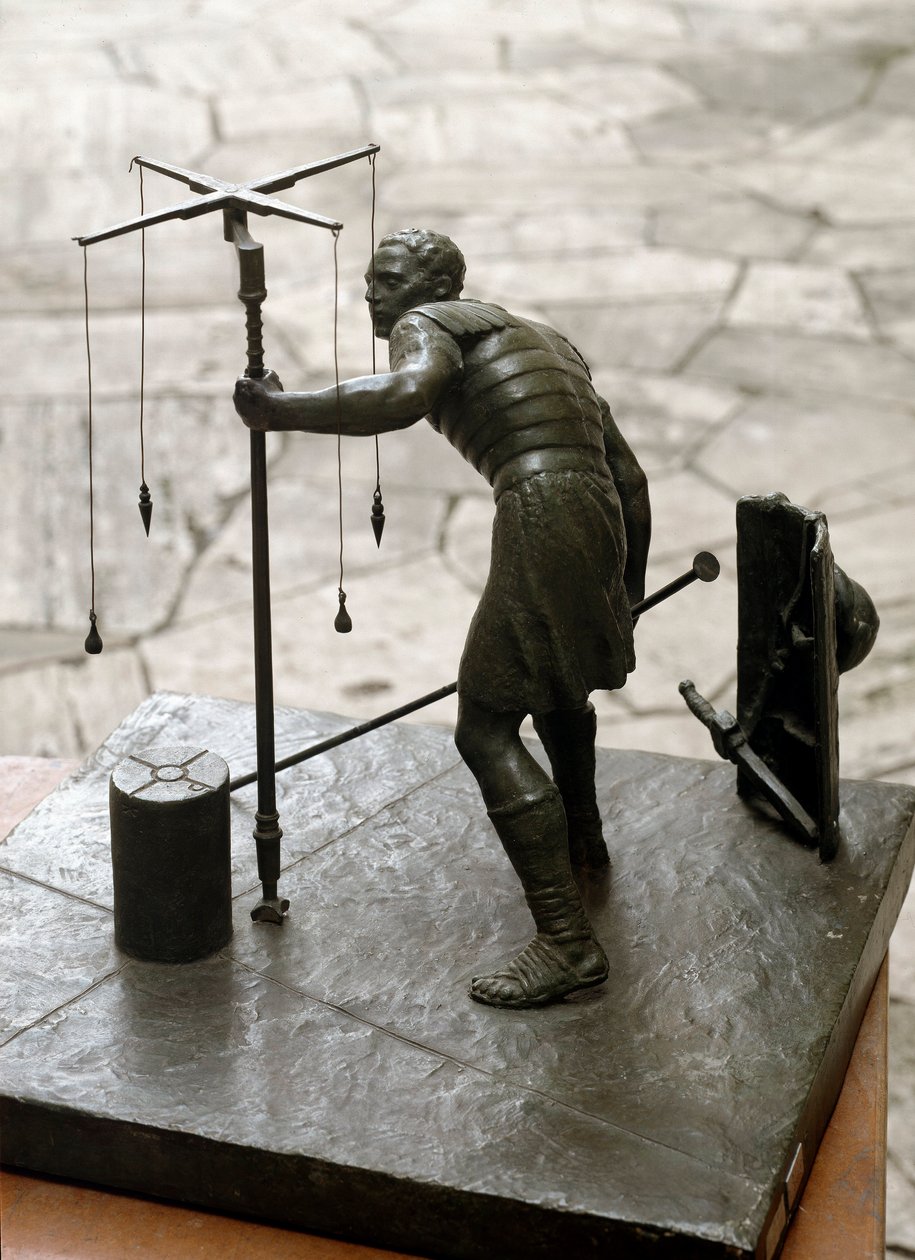 Romeinse kunst: de gromaticus. Een landmeter meet het land met behulp van een groma. Bronzen sculptuur. Rome, Museum van de Romeinse Beschaving door Roman Roman