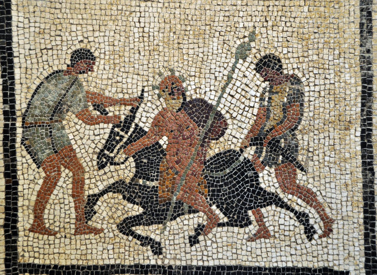 Sileno ebbro: Dronken Silene rijdt op een ezel vastgehouden door twee dienaren. Mozaïek uit Pompei, huis van Paquius Proculus of C. Cuspius Pansa - Archeologisch Museum van Napels, Italië door Roman Roman