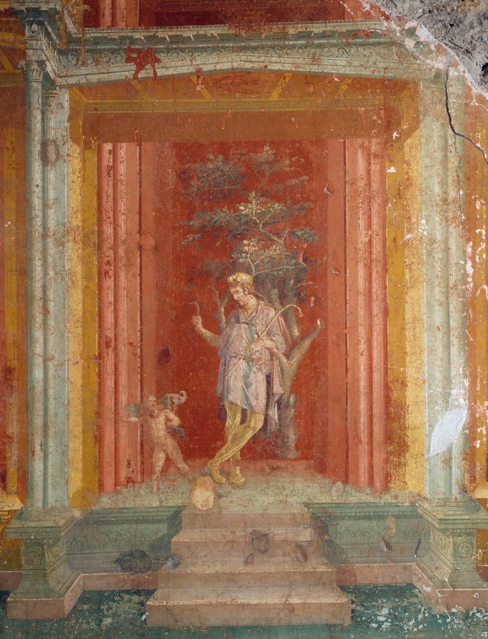 Theaterscène, fresco (IV stijl) op rode achtergrond uit Huis van Pinarius Cerialis, Pompeii (Unesco Werelderfgoedlijst) door Roman Roman