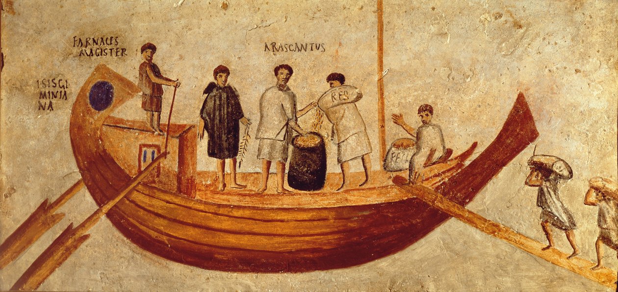 Lossen van graan van het schip, Isis Giminiana, uit Ostia, 2e-3e eeuw door Roman Roman