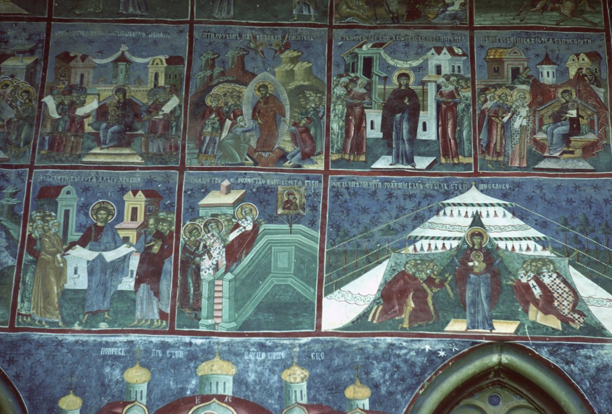 Hymne aan de Maagd, zuidmuur van de kerk, ca. 1601 door Romanian School