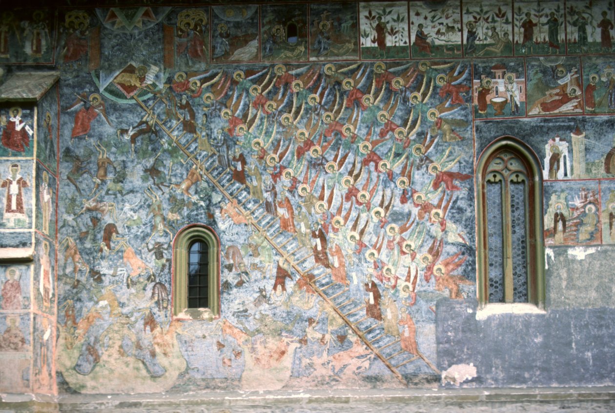 Ladder naar de hemel, schilderij op de noordgevel van de kerk, ca. 1601 door Romanian School
