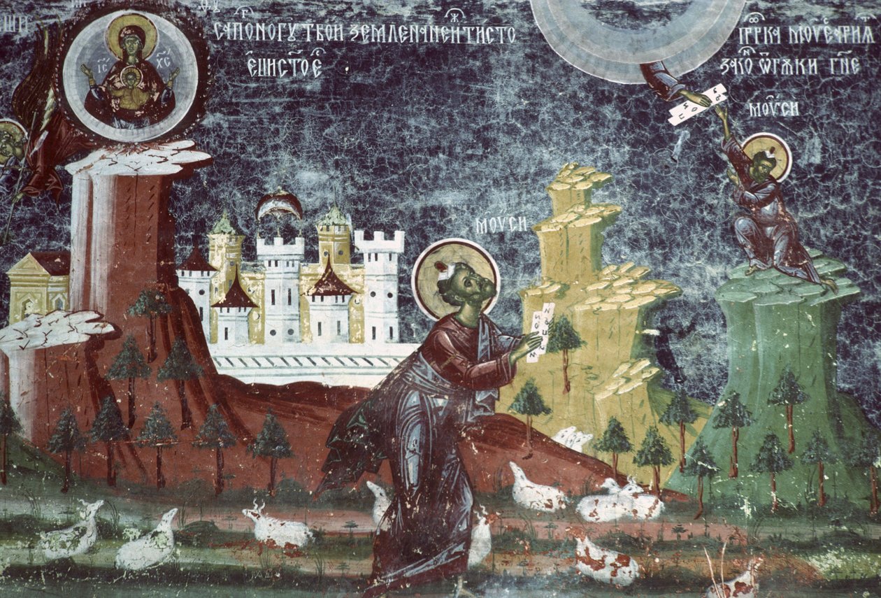 Mozes op de berg, zuidmuur van de kerk, ca. 1601 door Romanian School