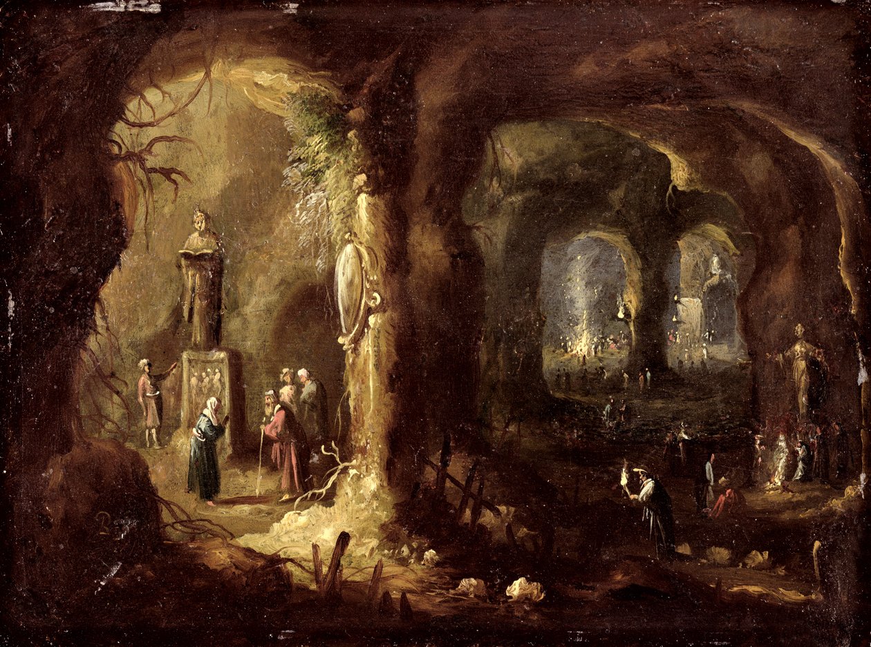 Grot met Beelden en Talrijke Figuren die Idolen Aanbidden (St. Simeon Stylites), c.1640 door Rombout van Troyen