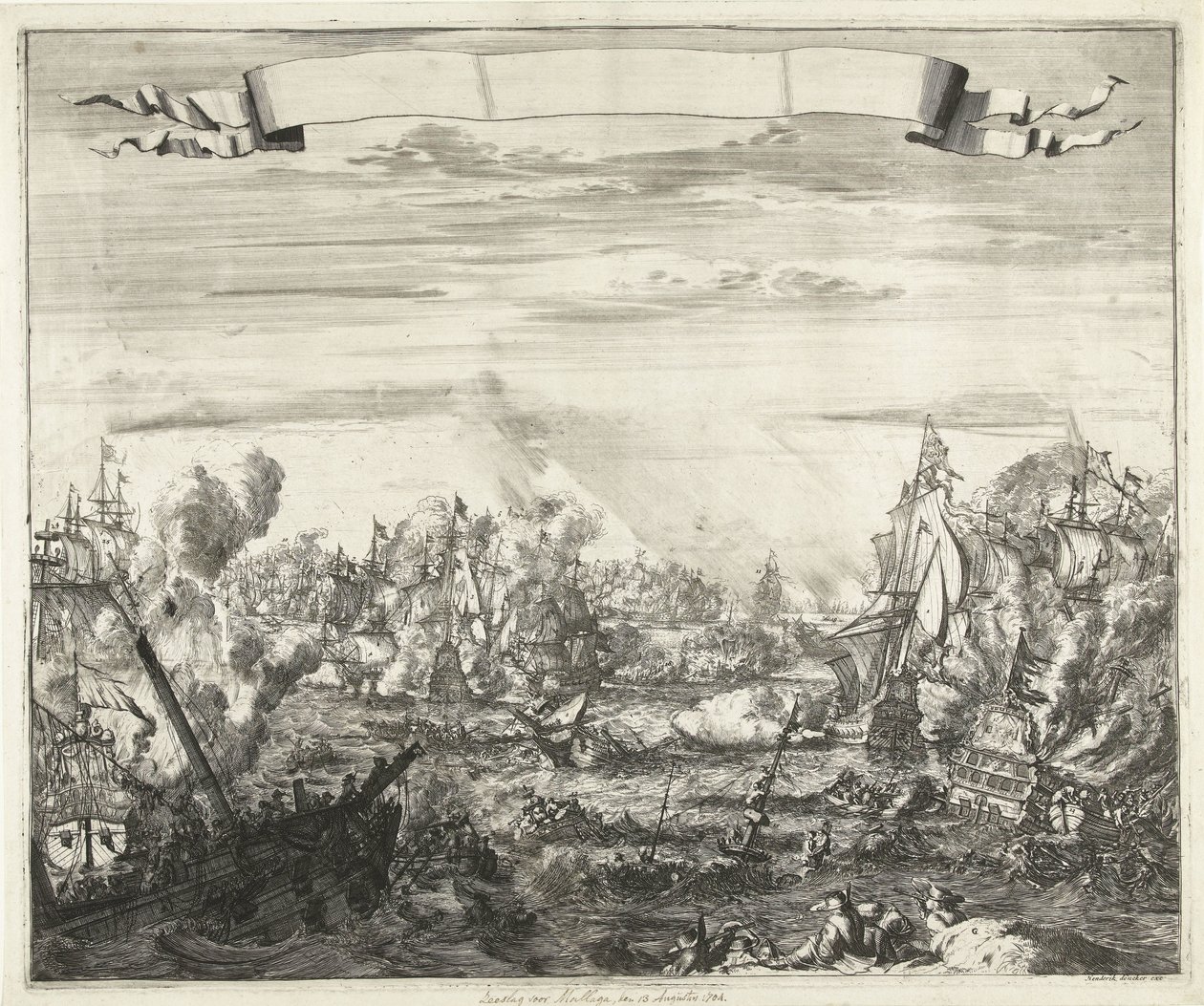Zeeslag voor Malaga, 1704 door Romeyn de Hooghe (attributed to)