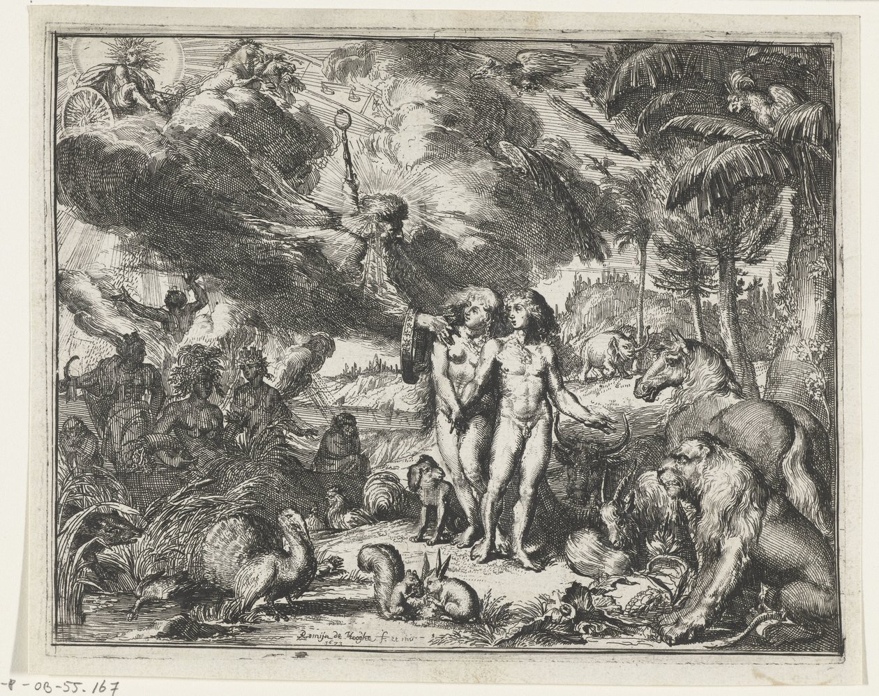 Adam en Eva in het paradijs door Romeyn de Hooghe