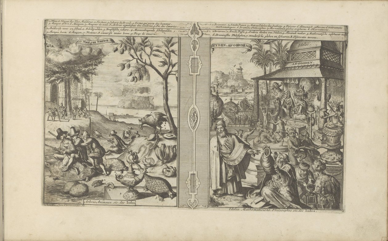 Bomen, dieren en noten; Verering van godsbeelden door Romeyn de Hooghe