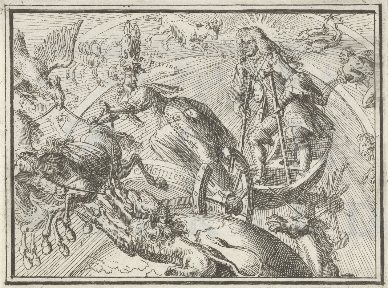 Karikatuur die Lodewijk XIV als Apollo in zijn wagen uitbeeldt, 1701 door Romeyn de Hooghe
