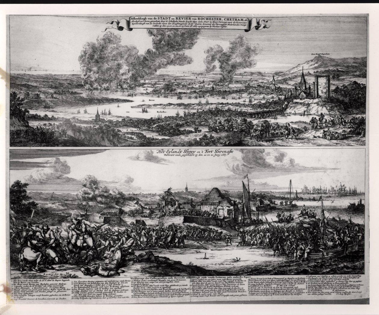 Nederlandse aanval op de rivier de Medway, 20 en 21 juni 1667, gegraveerd door Nicolas Visscher (1618-1709) door Romeyn de Hooghe