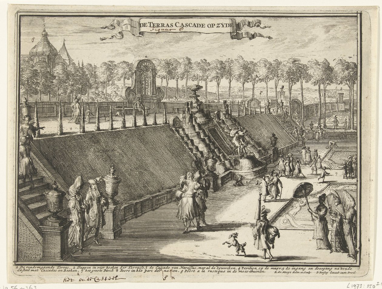 Gezicht (van opzij) op een terraswaterval in het park van Paleis Het Loo door Romeyn de Hooghe