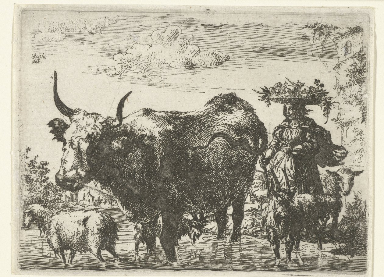 Herderin met mand op het hoofd, een koe, twee geiten en twee schapen in het water door Romeyn de Hooghe