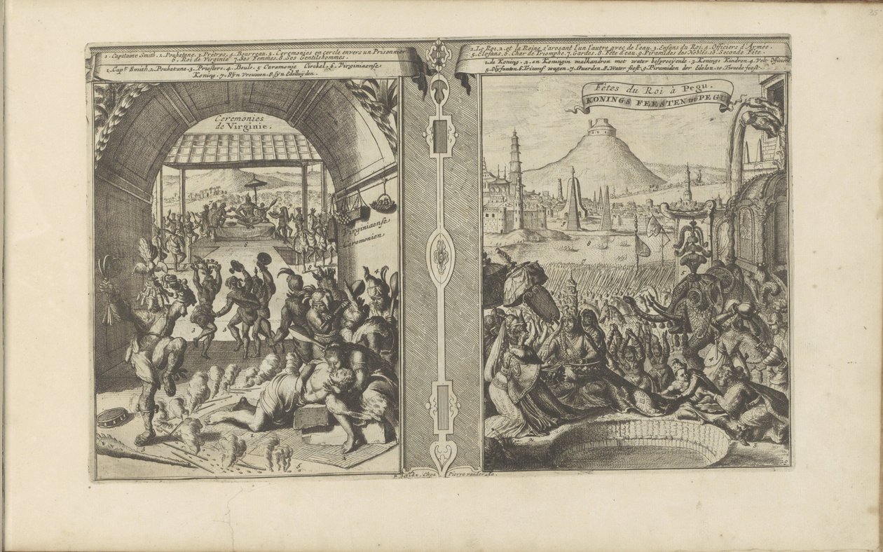 Hoofdman Smith bij de Virginianen; Koninklijk feest in Pegu door Romeyn de Hooghe