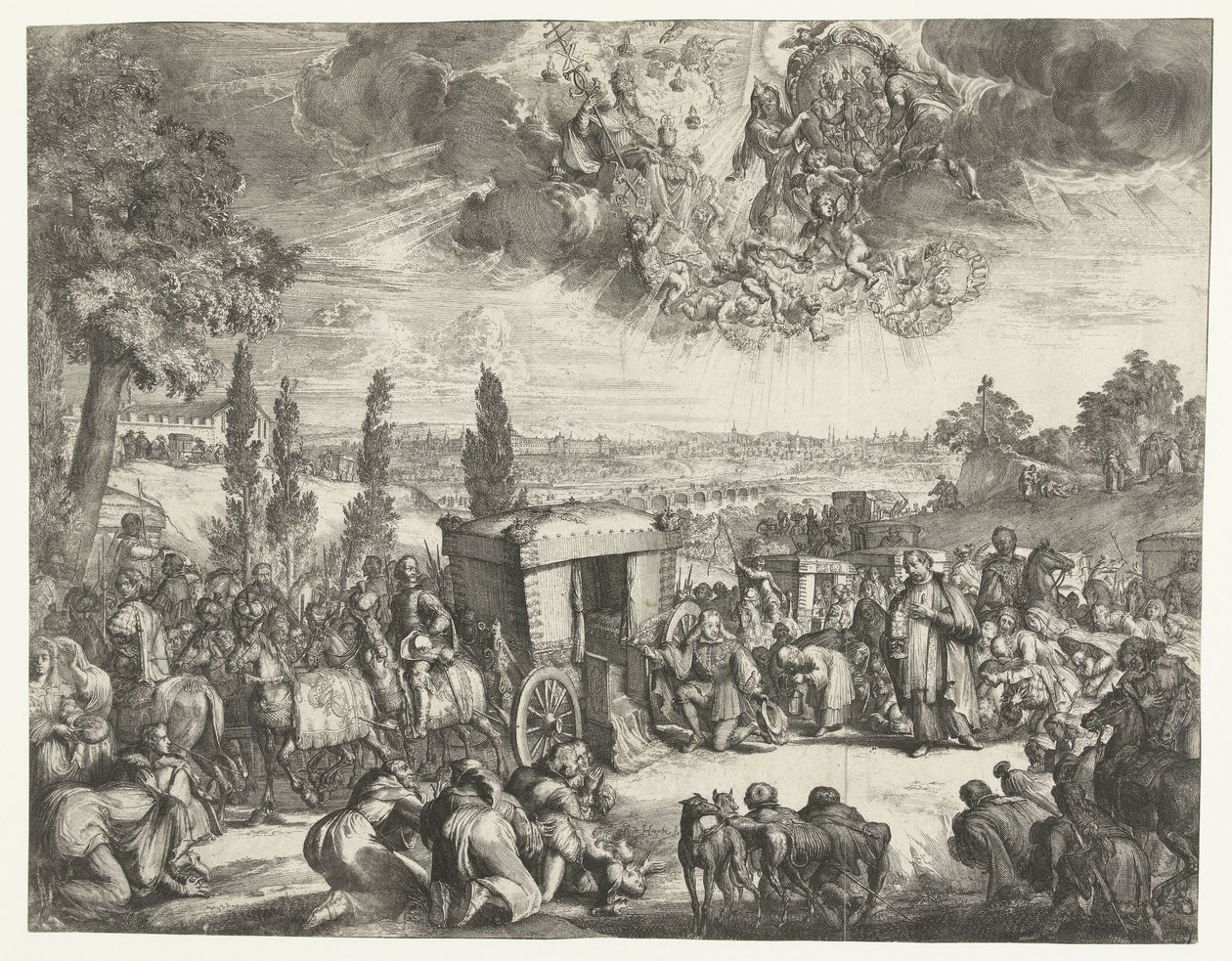 Karel II van Spanje knielend bij een koets door Romeyn de Hooghe