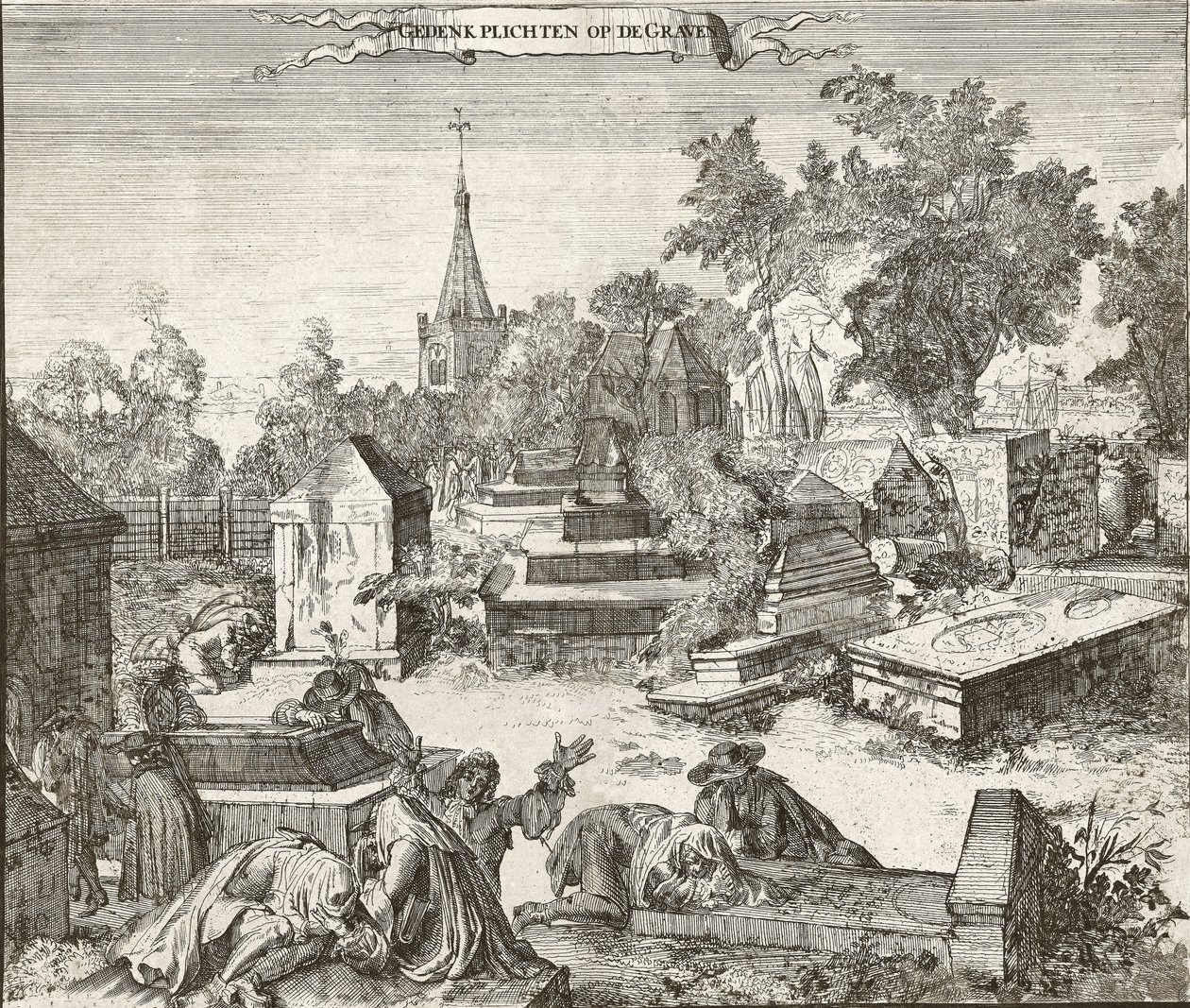 Rouw in de Portugees-Joodse begraafplaats van Beth Haim van Ouderkerk aan de Amstel in Nederland - Gravure door Romeyn de Hooghe (1645-1708) door Romeyn de Hooghe