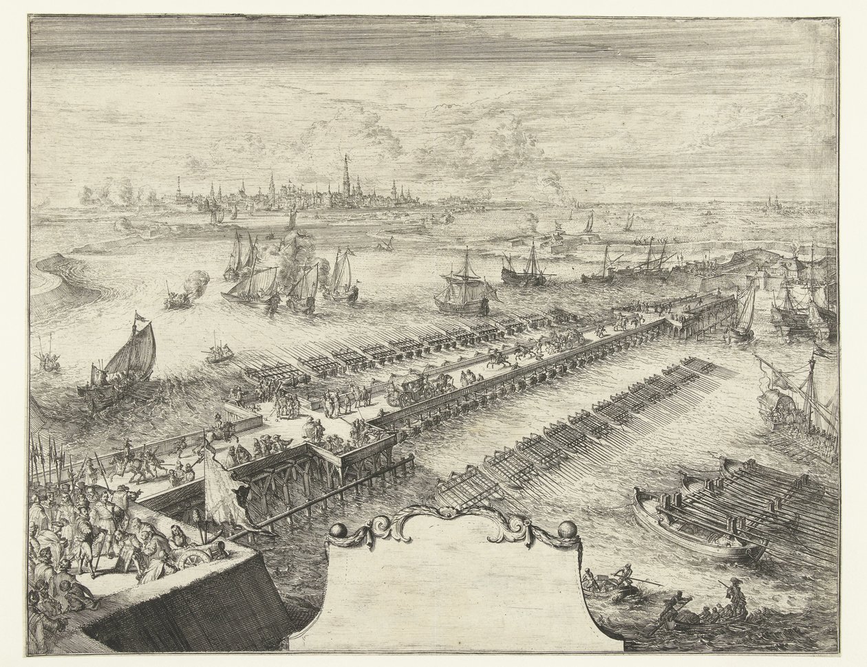 Schipbrug van Parma over de Schelde, 1585 door Romeyn de Hooghe
