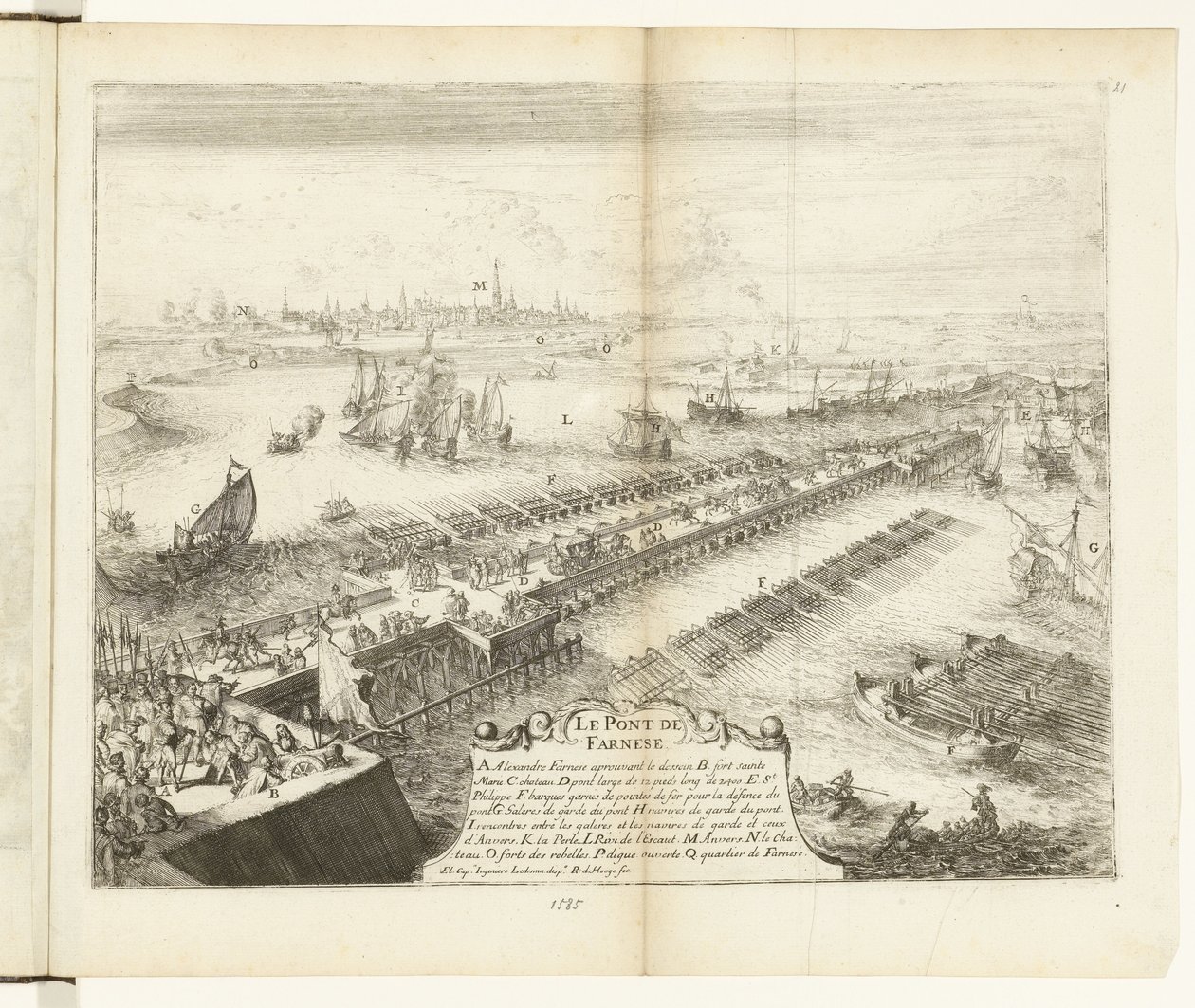 Schipbrug van Parma over de Schelde, 1585 door Romeyn de Hooghe