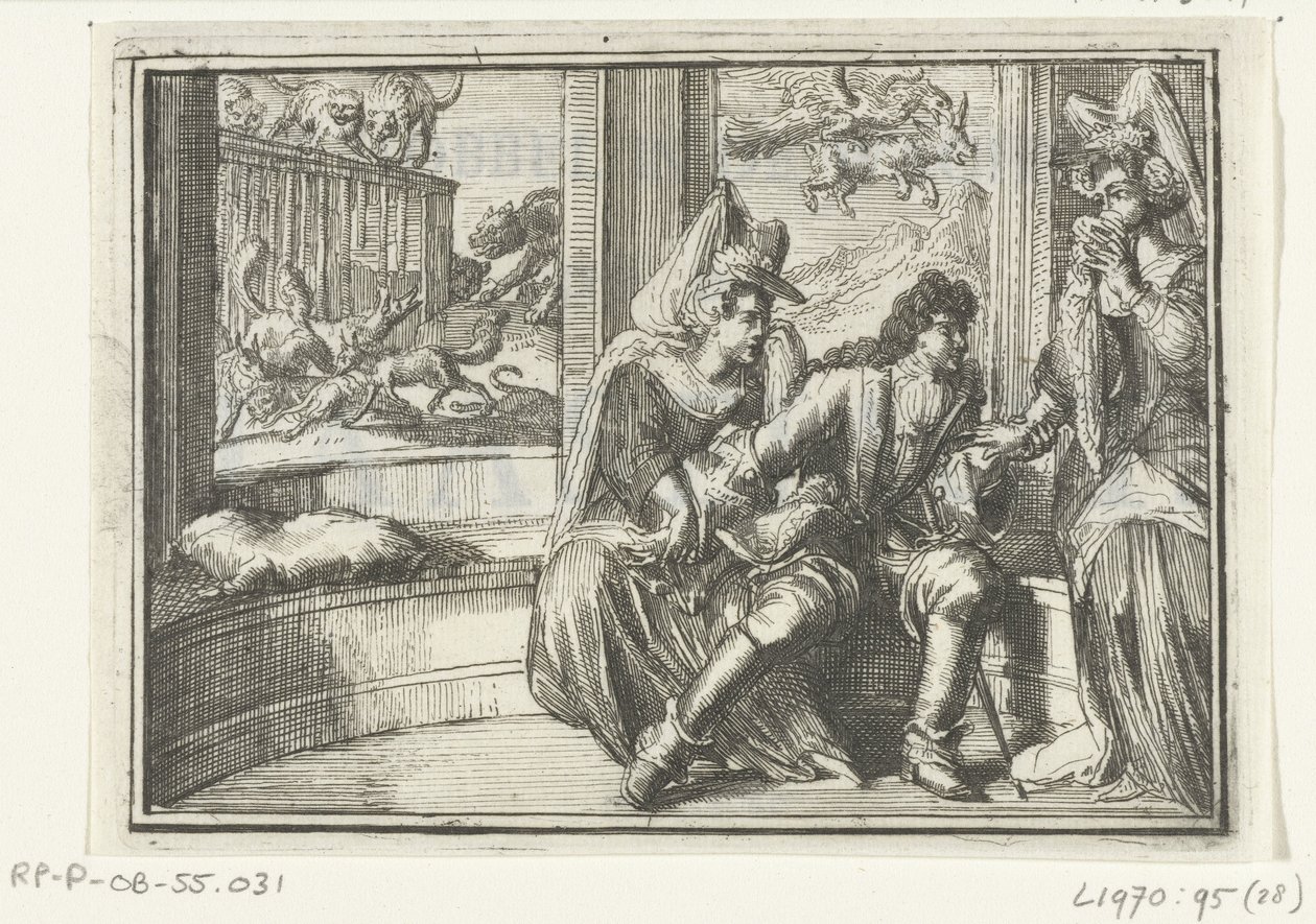 Titelblad voor het pamflet: De Hobbel in de Wacht, op de Haasejagt, 1702 door Romeyn de Hooghe