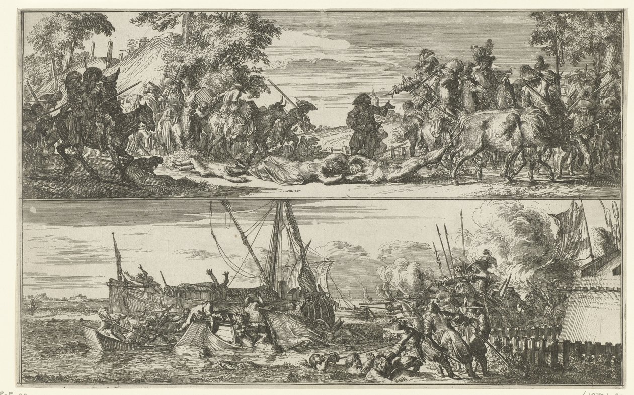 Twee voorstellingen van Franse wreedheden, 1672 door Romeyn de Hooghe