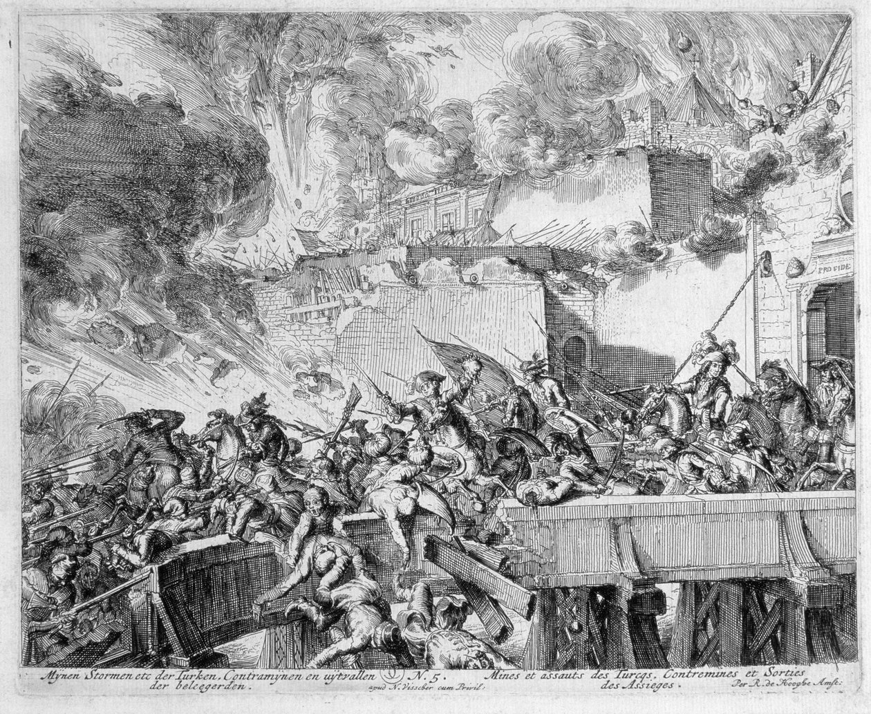 Wenen Print Cyclus, Explosie van een Mijnen en Tegenmijnen, Overval op de Turken, 1683 door Romeyn de Hooghe