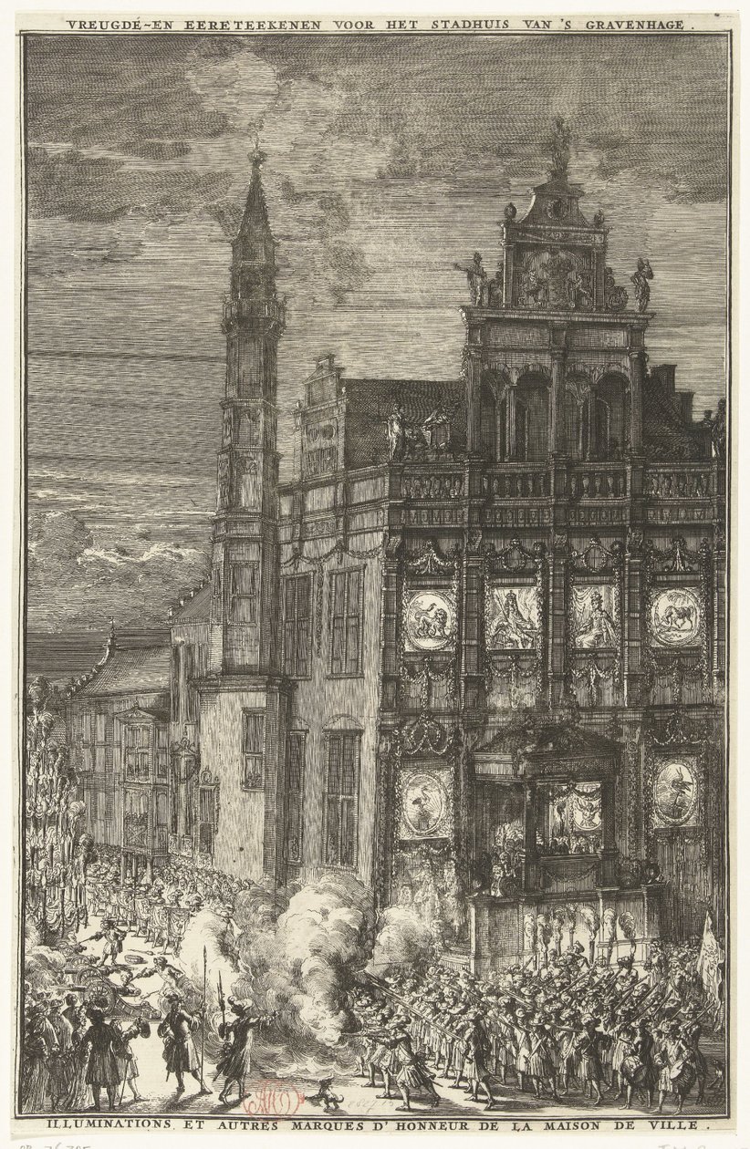 Vreugdetekens voor het stadhuis, 1691 door Romeyn de Hooghe