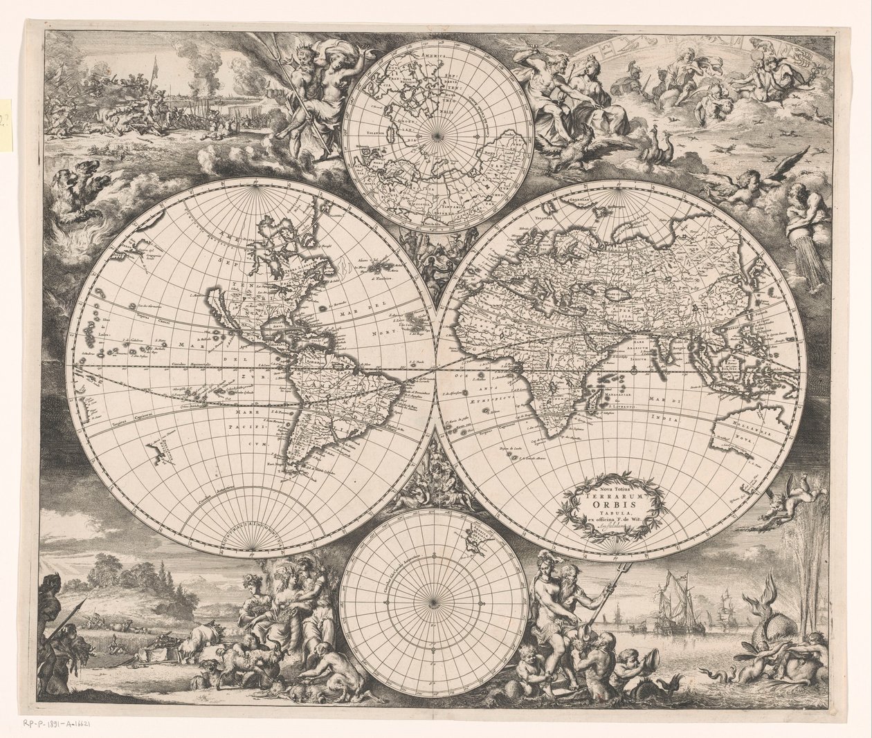 Wereldkaart met een allegorie op de vier elementen door Romeyn de Hooghe