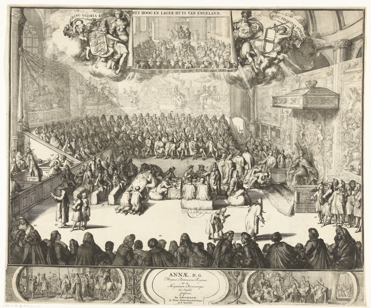Zitting van het Lagerhuis met koningin Anna op de troon, 1702 door Romeyn de Hooghe