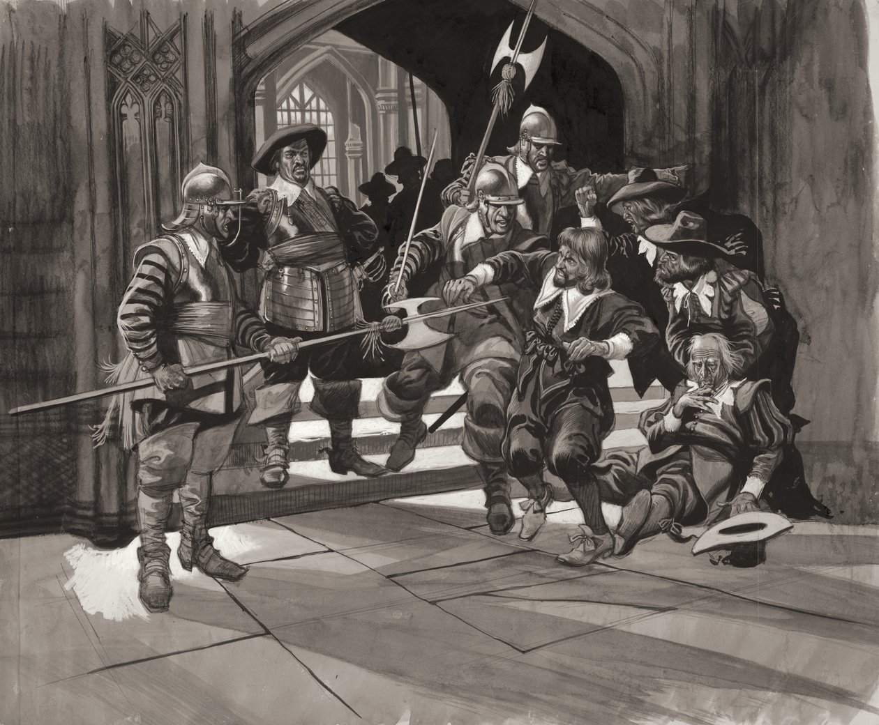 Kolonel Pride die bepaalde leden van het Lagerhuis de toegang weigert (gouache op papier) door Ron Embleton