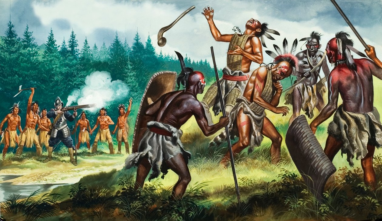 Engelse koloniën vechten tegen de Iroquois Confederatie, 20e eeuw (gouache op papier) door Ron Embleton