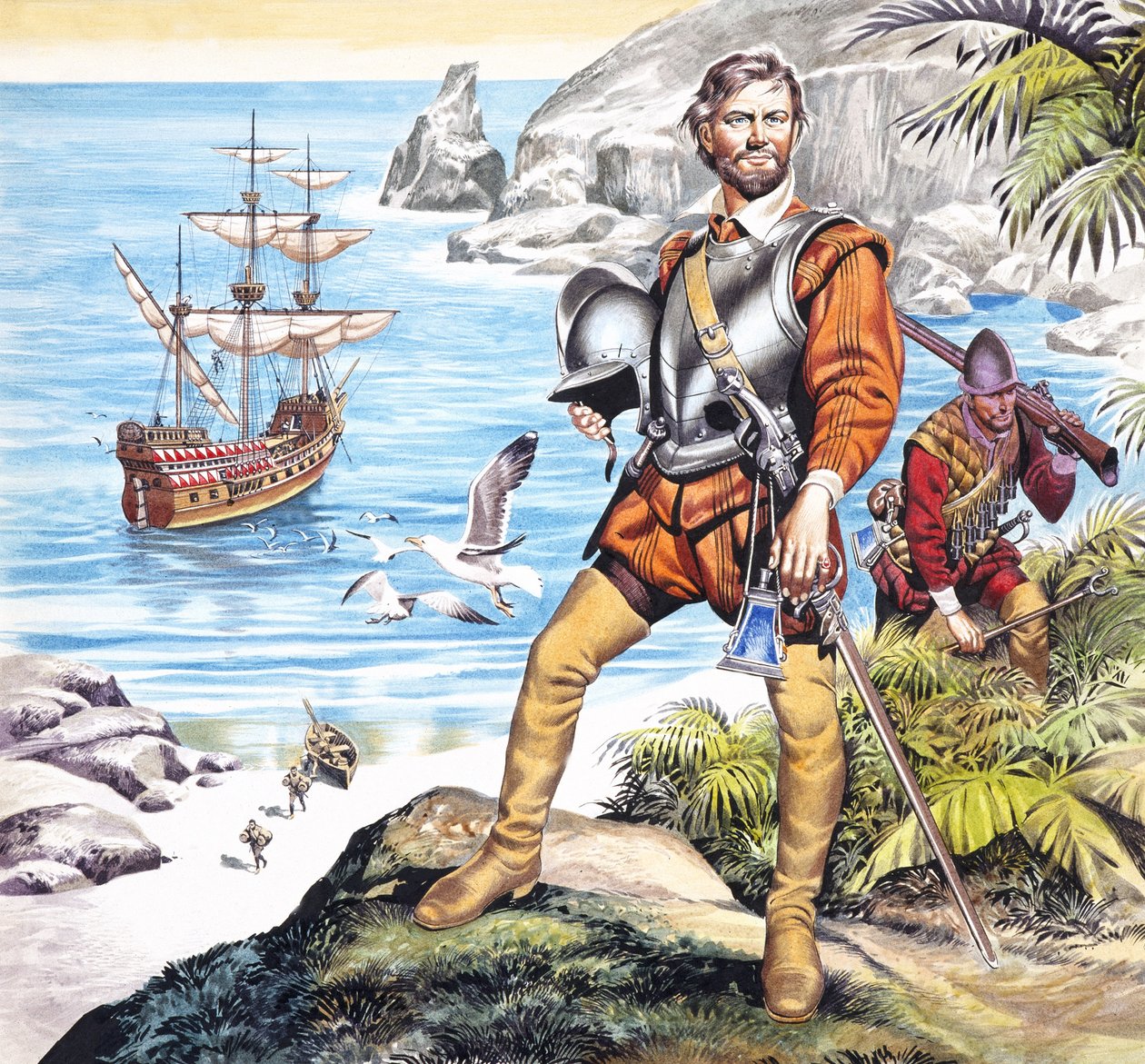 Francis Drake en de Gouden Hinde (gouache op papier) door Ron Embleton