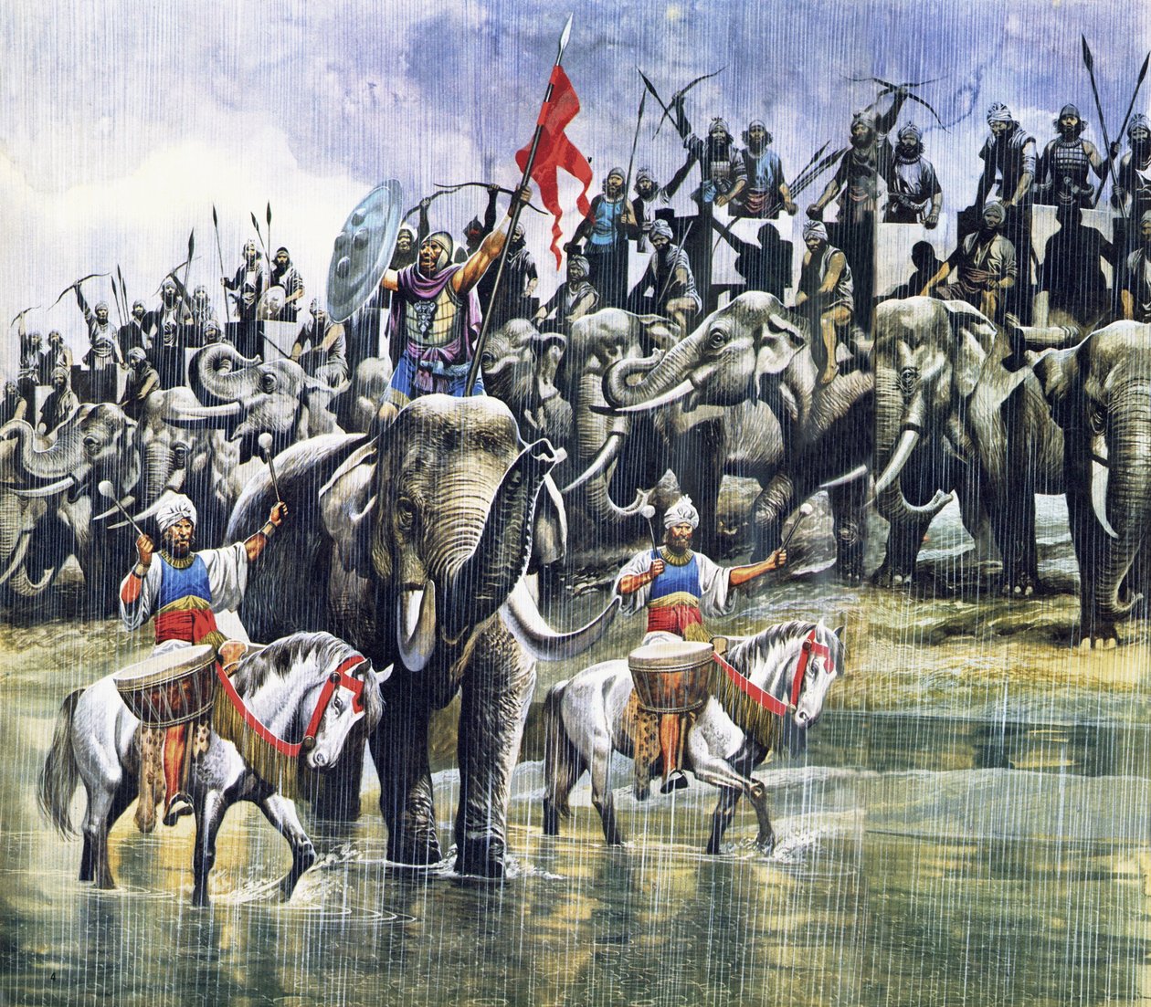 Het leger van koning Porus tegenover Alexander de Grote in de stortregen door Ron Embleton