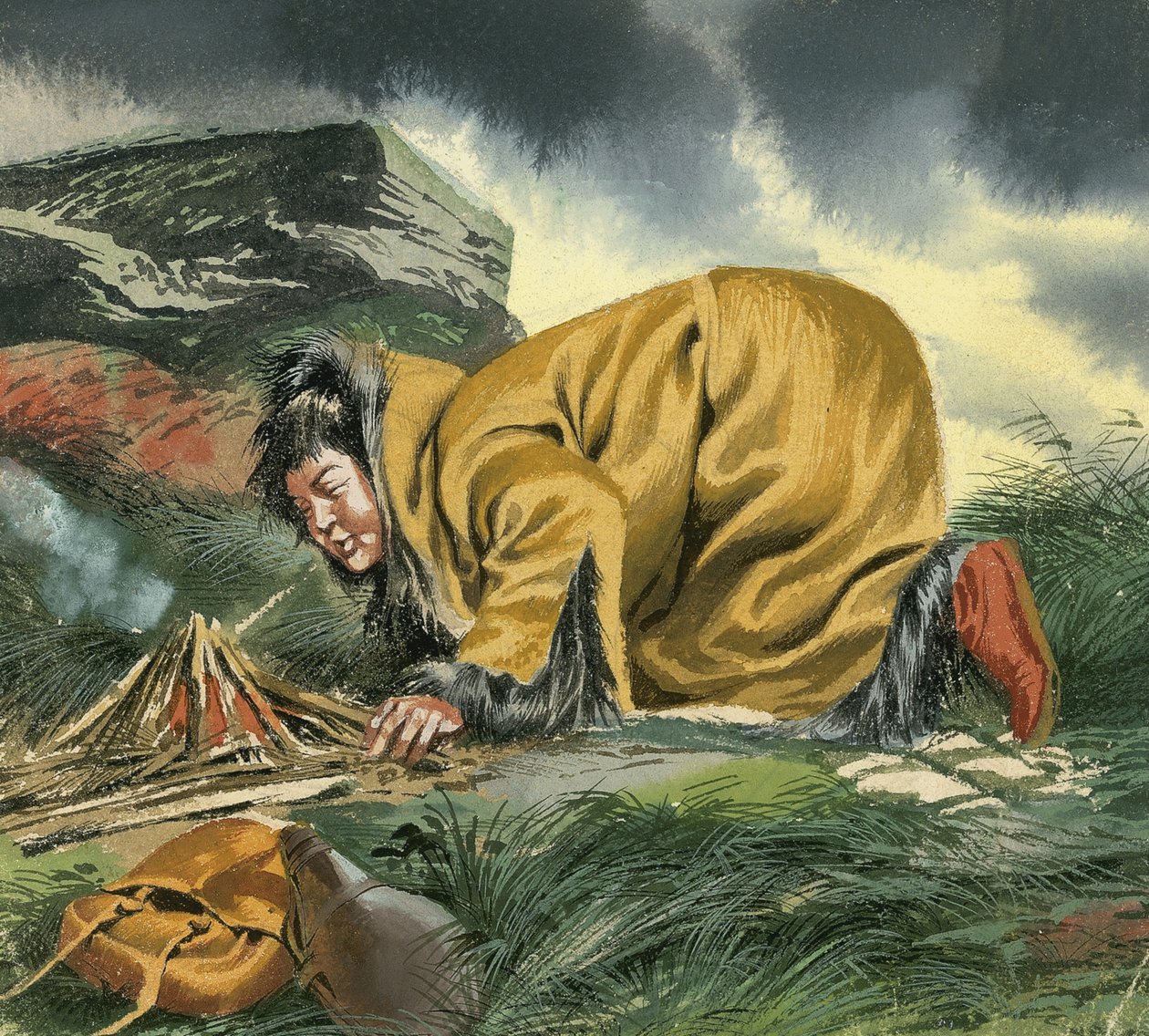 Marco Polo, ineengedoken boven een vuur door Ron Embleton