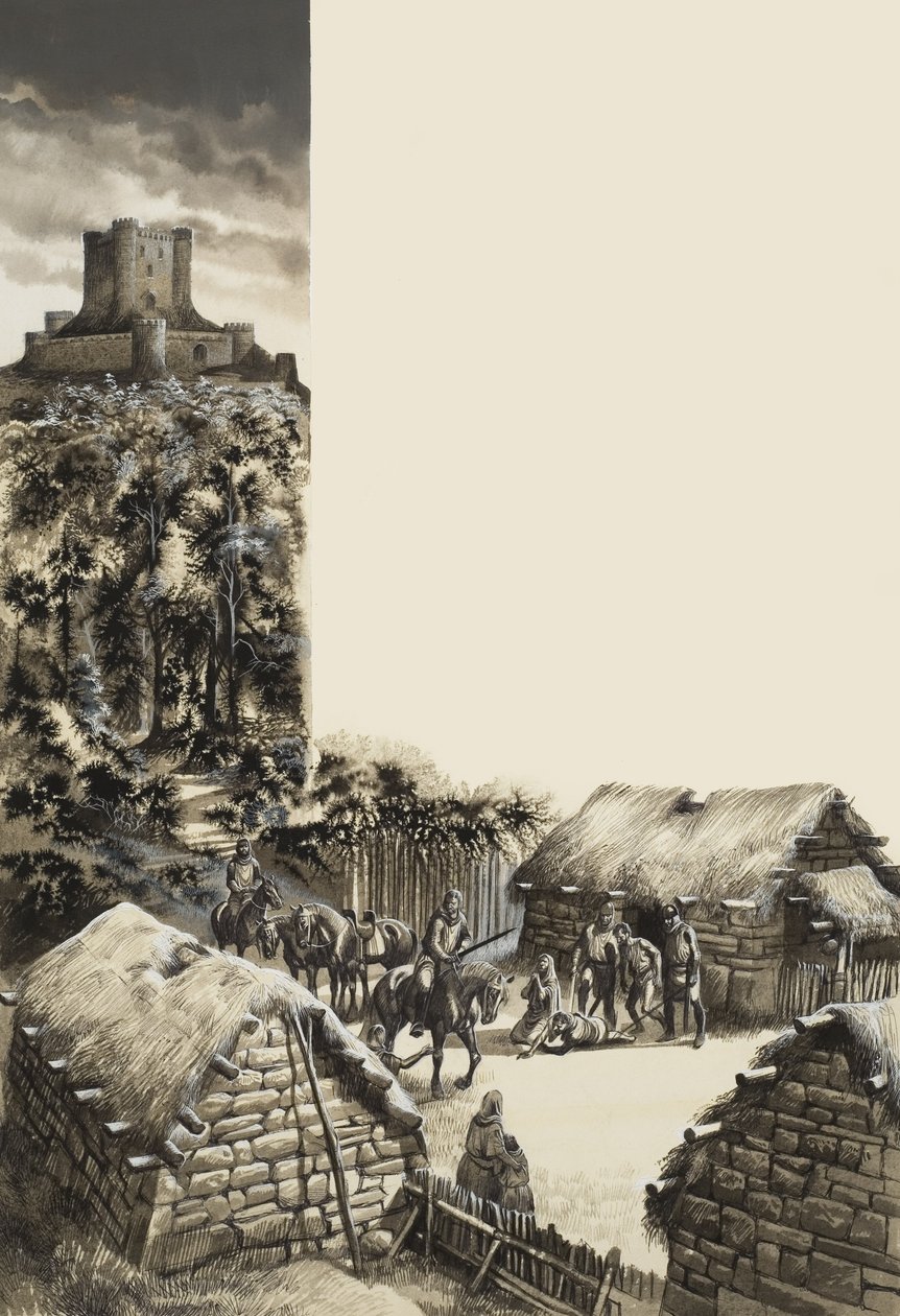 Middeleeuws dorp (gouache op papier) door Ron Embleton