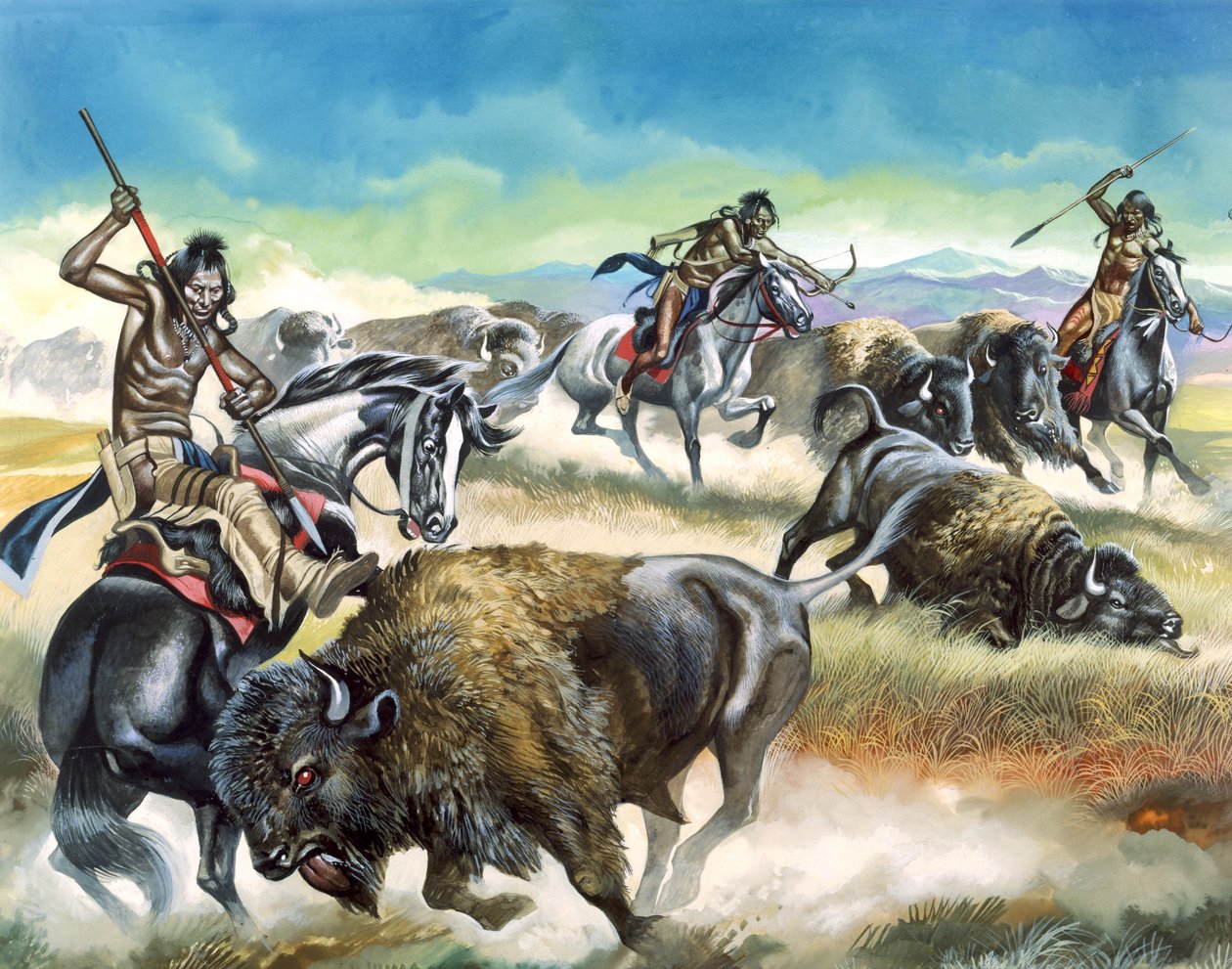Indianen doden Amerikaanse bizon (gouache op papier) door Ron Embleton