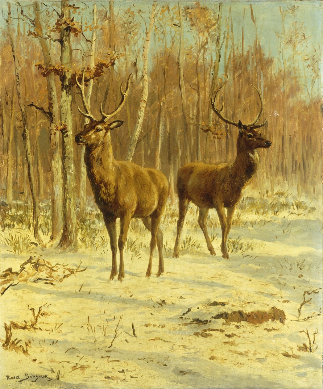 Twee herten in een open plek in de winter door Rosa Bonheur