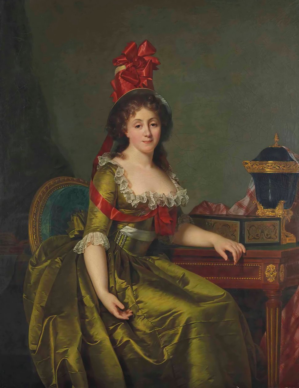 Portret van een dame, in een groene satijnen jurk en een hoed met rode linten door Rose Adelaide Ducreux