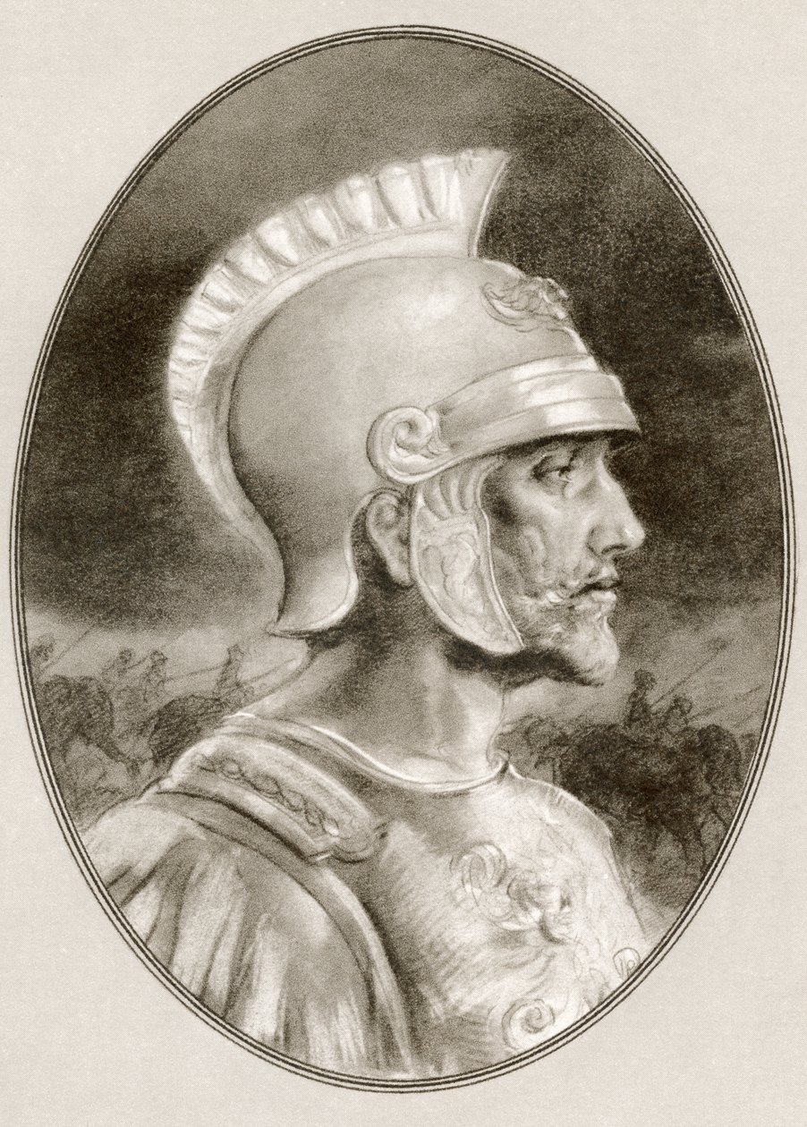 Ashoka, overleden 232 v.Chr., ook bekend als Ashoka de Grote. Indiase keizer van de Maurya-dynastie. Illustratie van Gordon Ross, Amerikaanse kunstenaar en illustrator (1873-1946), uit Levensbiografieën van beroemde heersers. door Ross Gordon