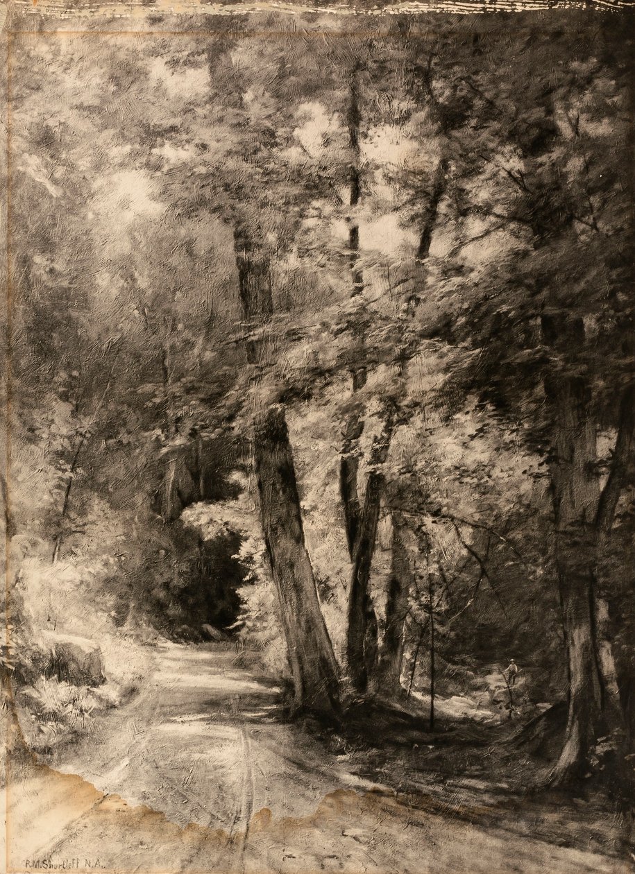 Fotogravure van een schilderij van een boslandschap door Roswell Morse Shurtleff