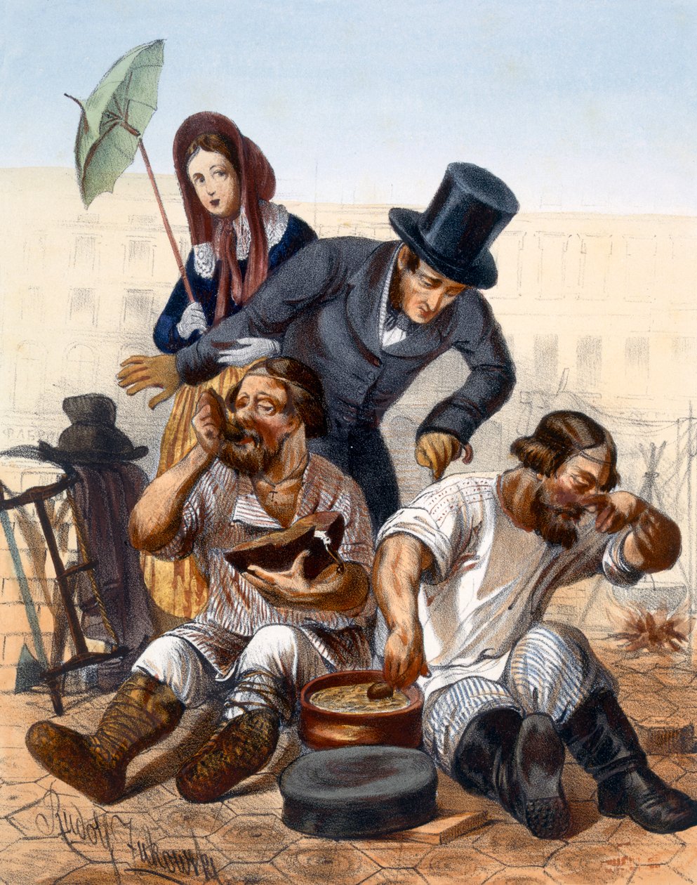 Rijk stel spreekt met een paar dronken timmerlieden die op straat koken en eten, 1843 door Rudolf Jukowsky