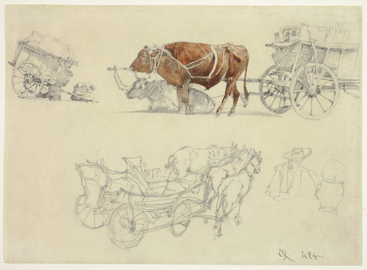 Studies van Slowaakse boerenwagens met ossen en paarden door Rudolf von Alt