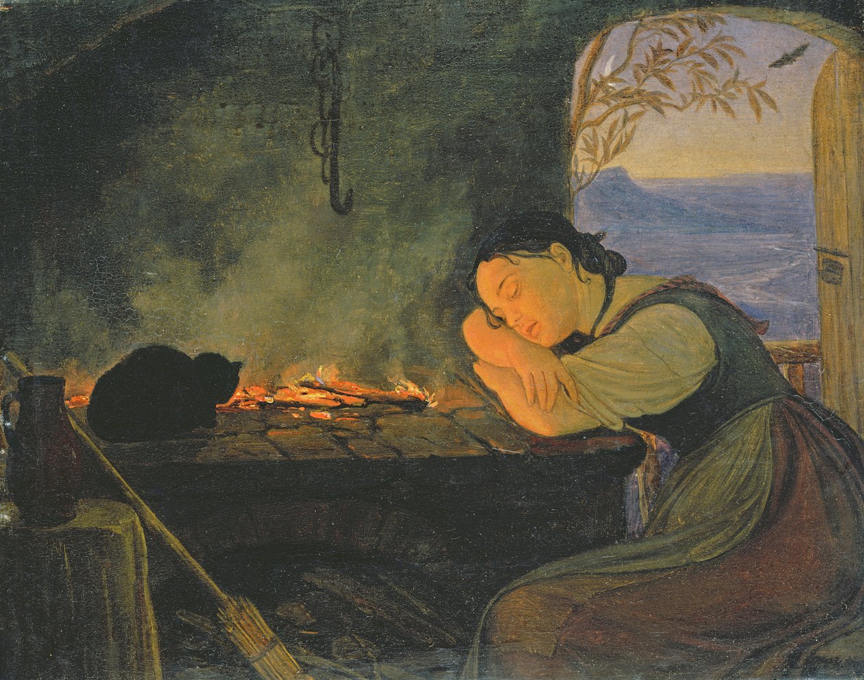 Meisje slapend bij het vuur, 1843 door Rudolph Friedrich Wasmann