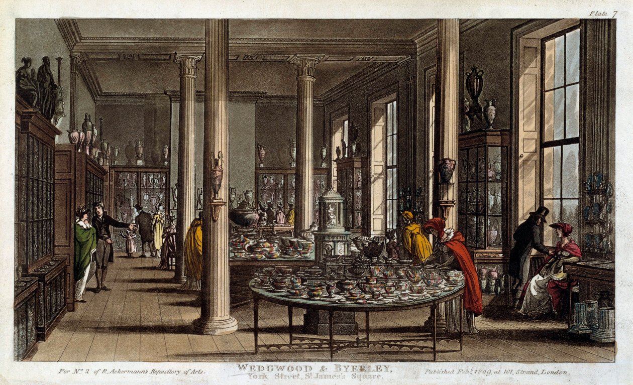 Interieur van een Wedgwood porseleinwinkel in Londen Lithografie door R. Ackermann door Rudolph Ackermann
