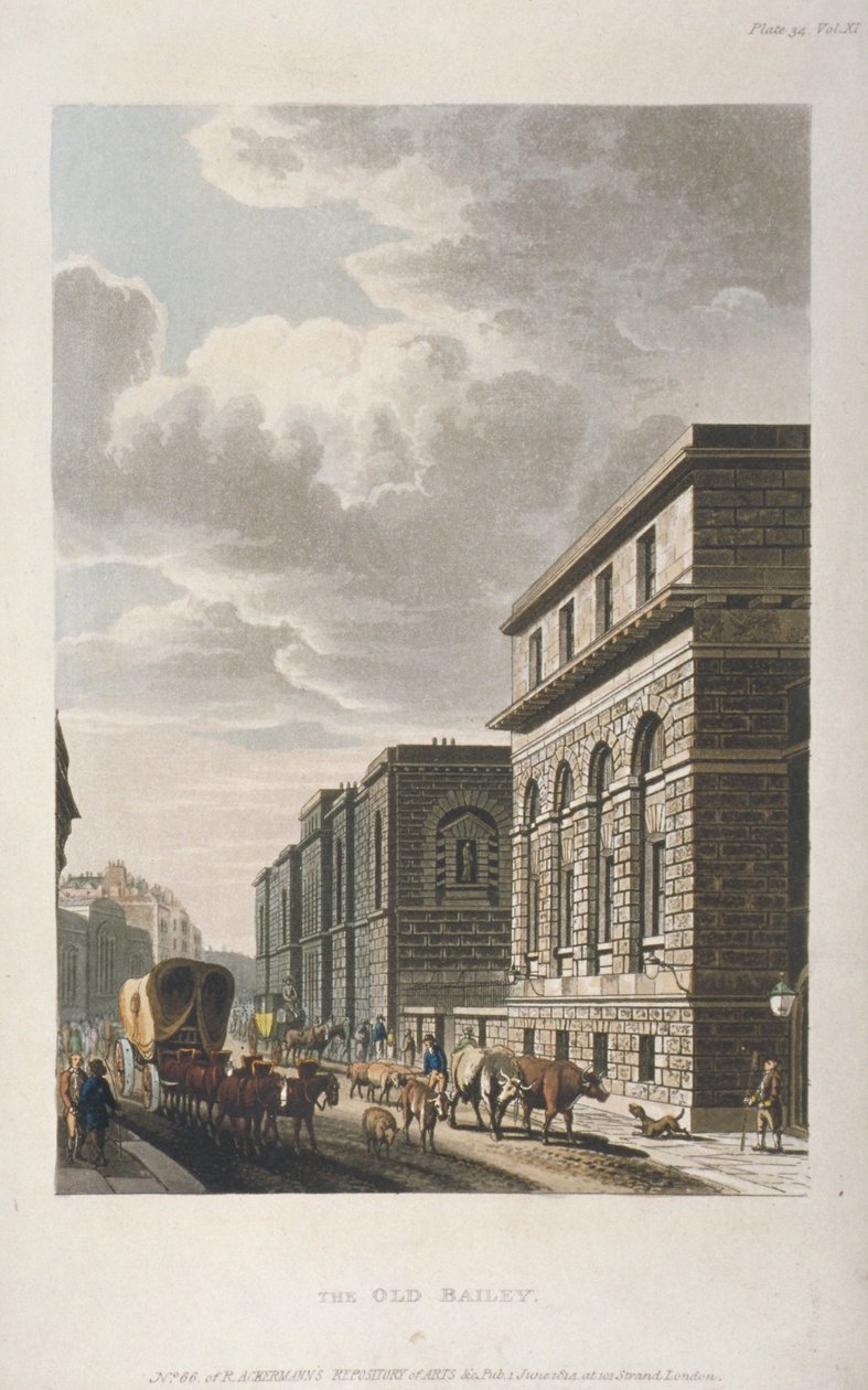 Uitzicht op Old Bailey, kijkend naar het noorden, City of London door Rudolph Ackermann