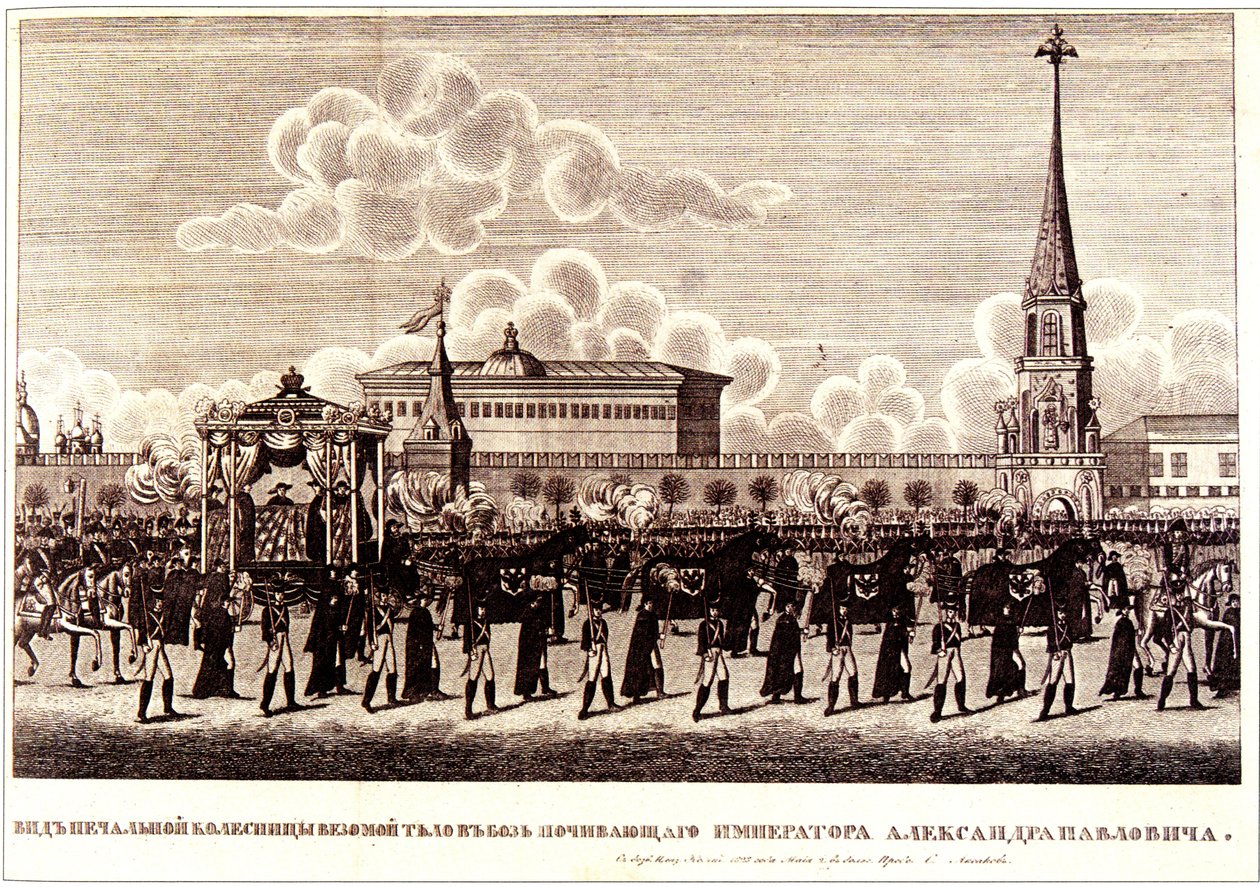 Begrafenisceremonie van keizer Alexander I in het Kremlin van Moskou, 1828 door Russian Master