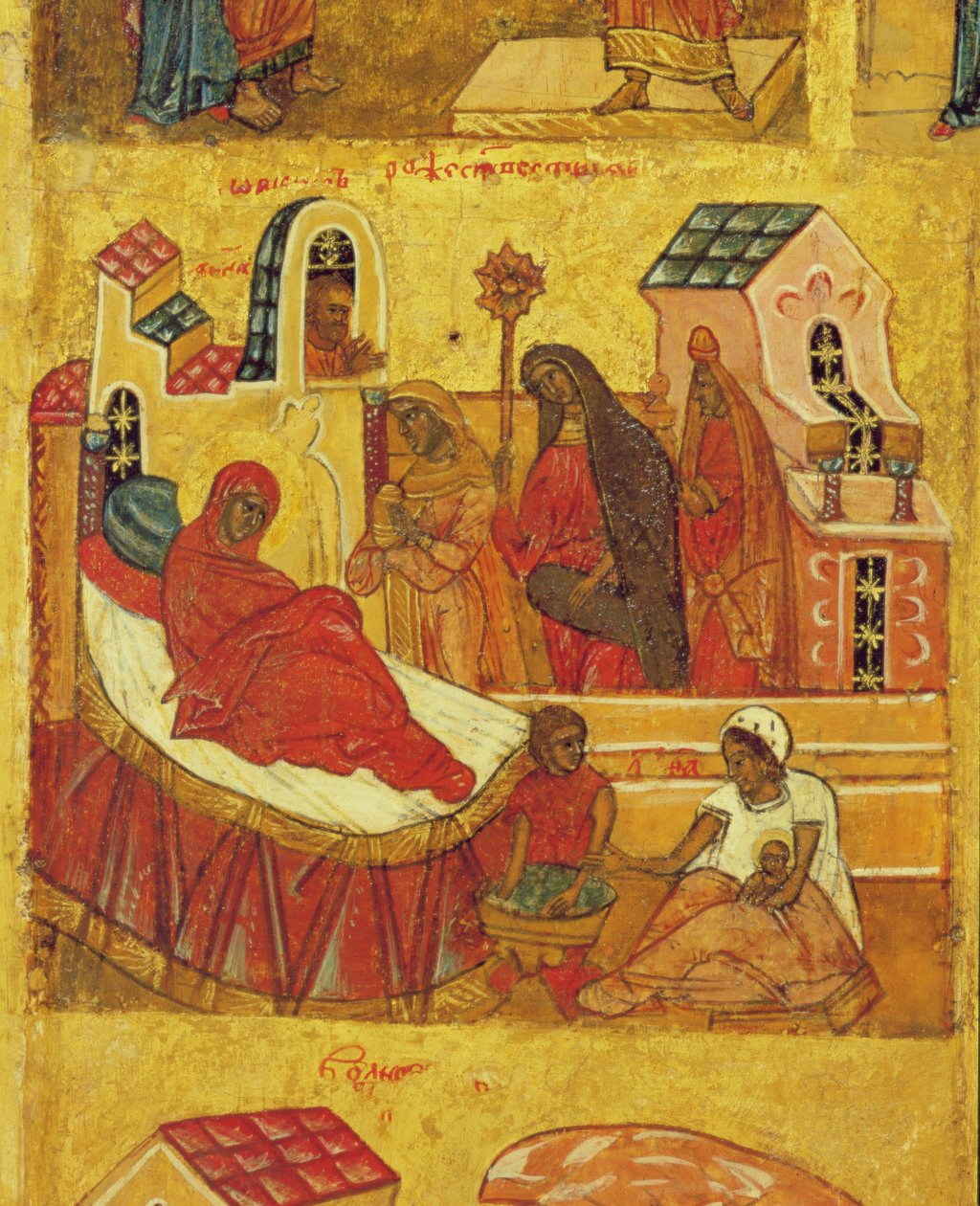 Icoon die de Geboorte van de Maagd uitbeeldt, c.1550 (detail) door Russian School