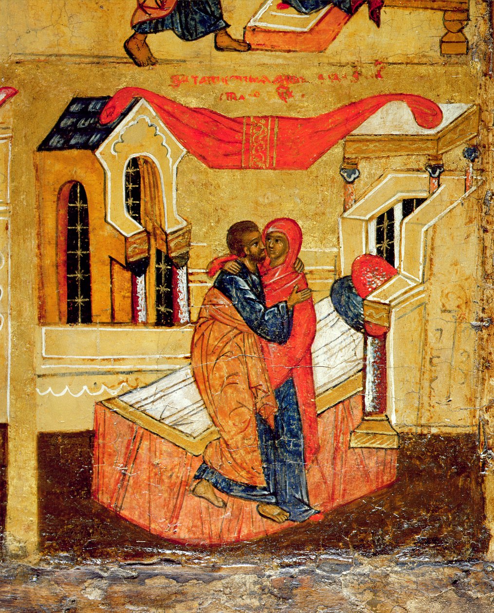 Icoon die de ontmoeting bij de Gouden Poort uitbeeldt, c.1550 (detail) door Russian School